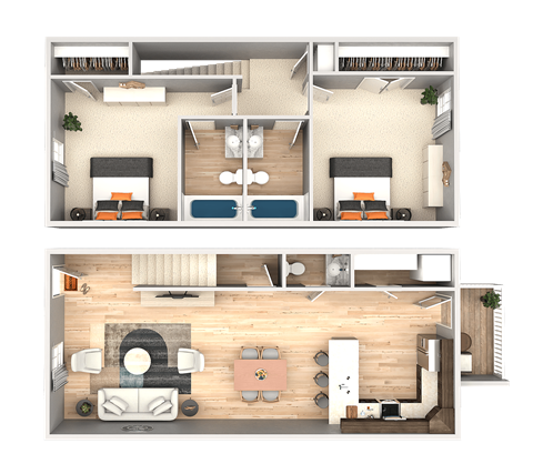Floor plan for 2 beds, 2.5 baths, 1152 sqft